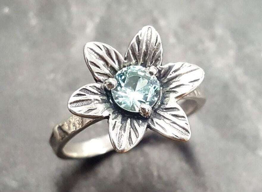 Aquamarine Ring, Created Aquamarine, Flower Ring, Blue Vintage Ring, Aqua Ring, Silver Flower Ring, Vintage Flower Ring, Solid Silver Ring