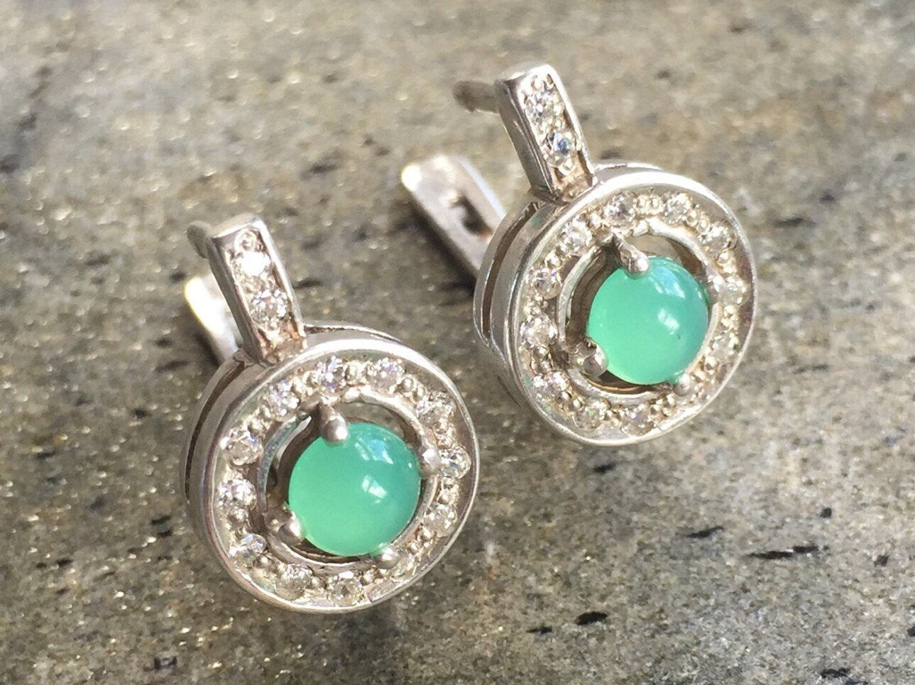 Chrysoprase Earrings, Natural Chrysoprase, May Birthstone, Vintage Earrings, May Earrings, CZ Earrings, Stud Earrings, Gift for Her, Silver