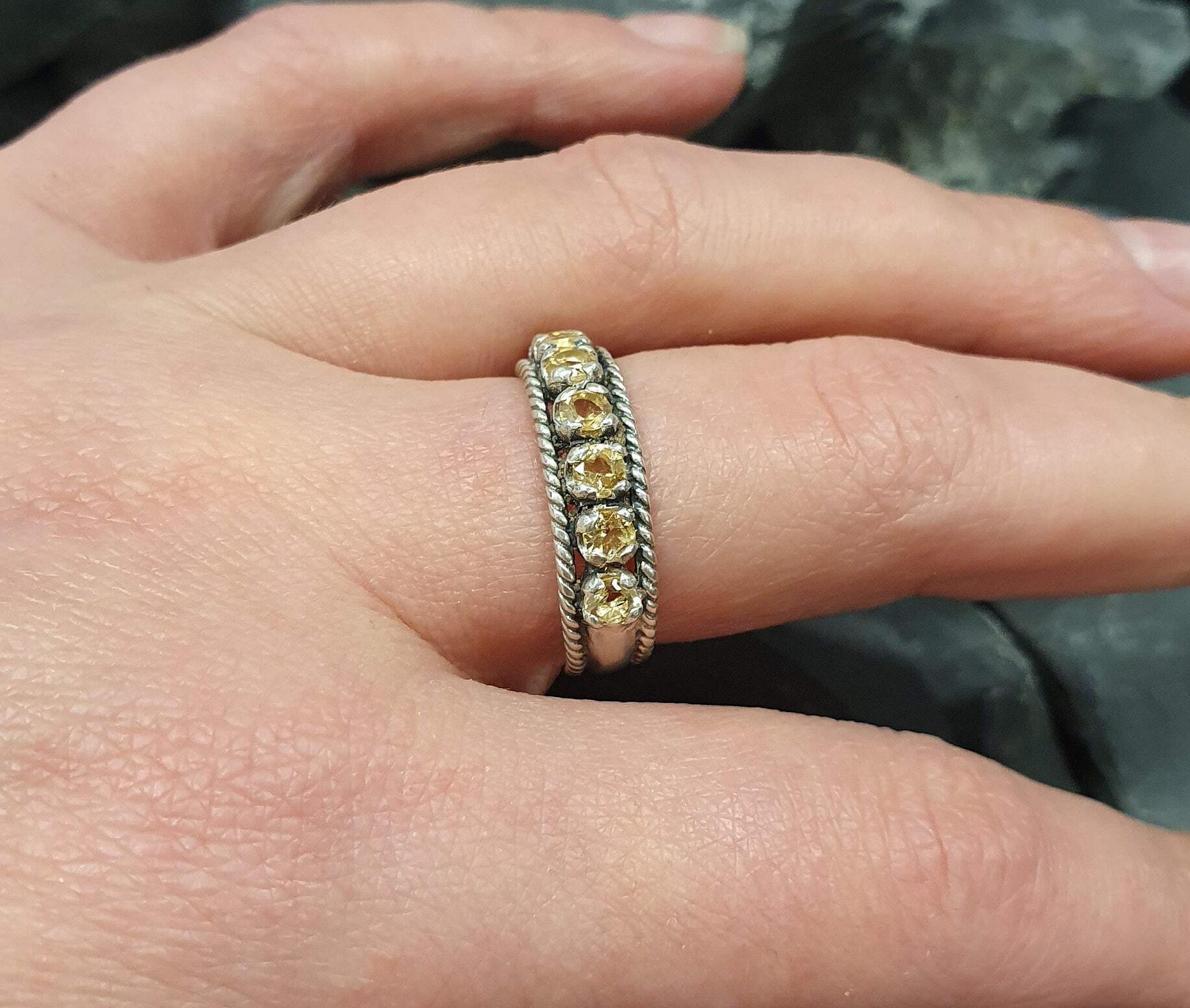 Half Eternity Ring, Citrine Ring, Natural Citrine, Vintage Band, Wide Citrine Ring, Thick Band, Yellow Stone Band, Boho Ring, Solid Silver