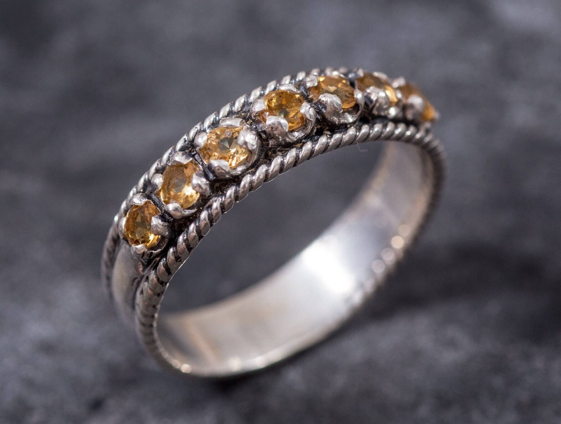 Half Eternity Ring, Citrine Ring, Natural Citrine, Vintage Band, Wide Citrine Ring, Thick Band, Yellow Stone Band, Boho Ring, Solid Silver