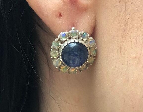 Victorian Earrings, Kyanite Earrings, Stud Earrings, Blue Earrings, Large Studs, Heavy Studs, Flower Earrings, Solid Silver Earrings, Opal