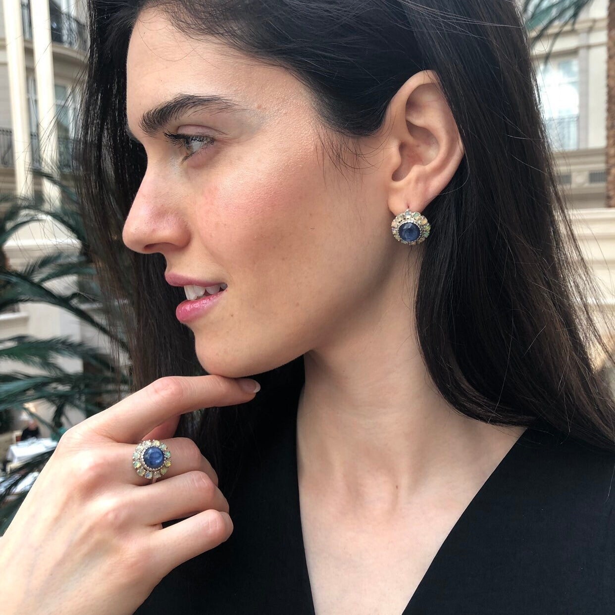 Victorian Earrings, Kyanite Earrings, Stud Earrings, Blue Earrings, Large Studs, Heavy Studs, Flower Earrings, Solid Silver Earrings, Opal