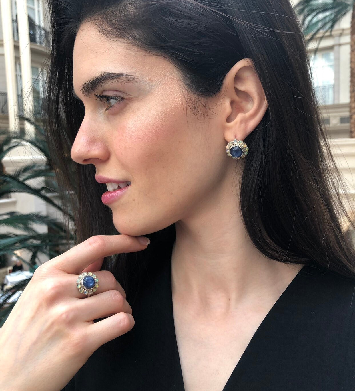 Victorian Earrings, Kyanite Earrings, Stud Earrings, Blue Earrings, Large Studs, Heavy Studs, Flower Earrings, Solid Silver Earrings, Opal