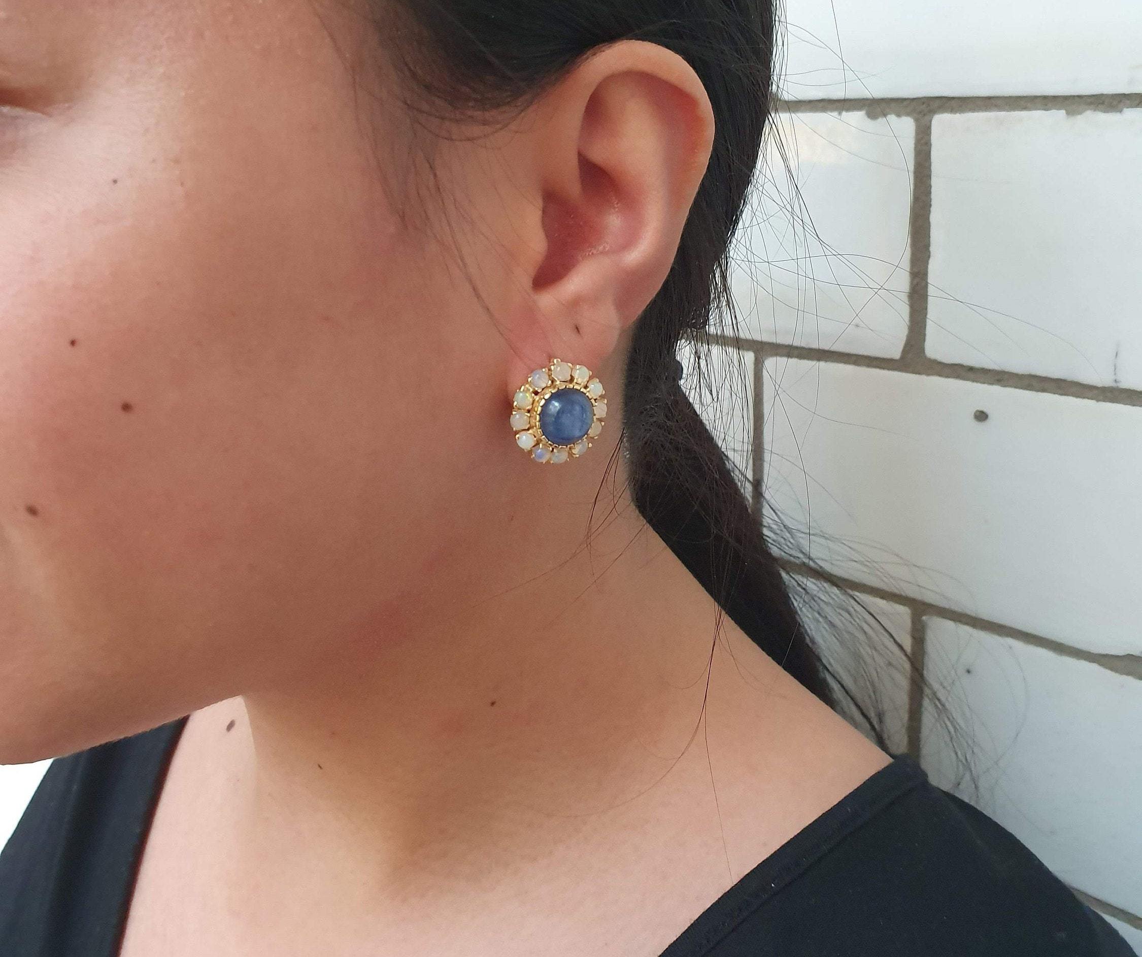 Victorian Earrings, Kyanite Earrings, Stud Earrings, Blue Earrings, Large Studs, Heavy Studs, Flower Earrings, Solid Silver Earrings, Opal(1)
