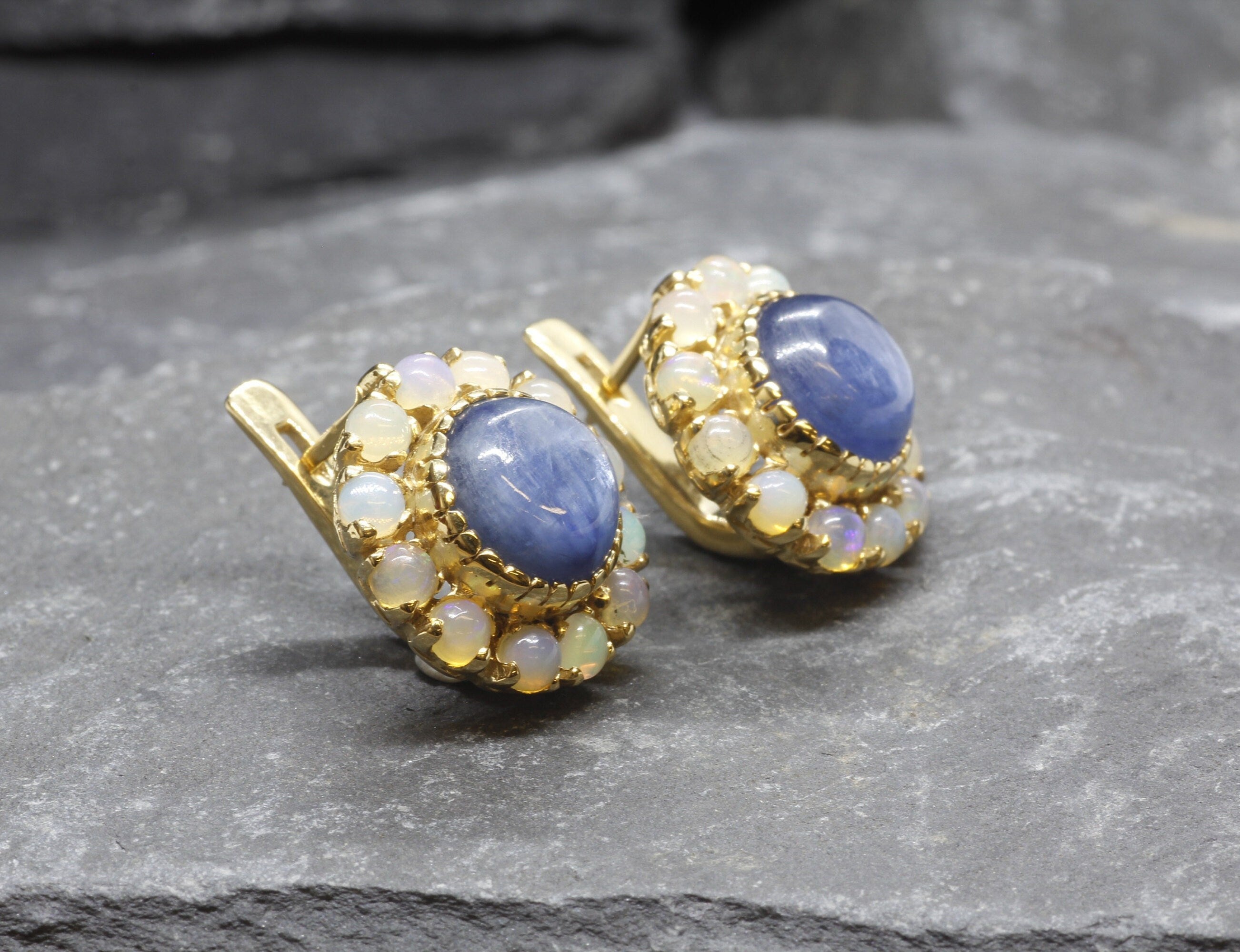 Victorian Earrings, Kyanite Earrings, Stud Earrings, Blue Earrings, Large Studs, Heavy Studs, Flower Earrings, Solid Silver Earrings, Opal(1)