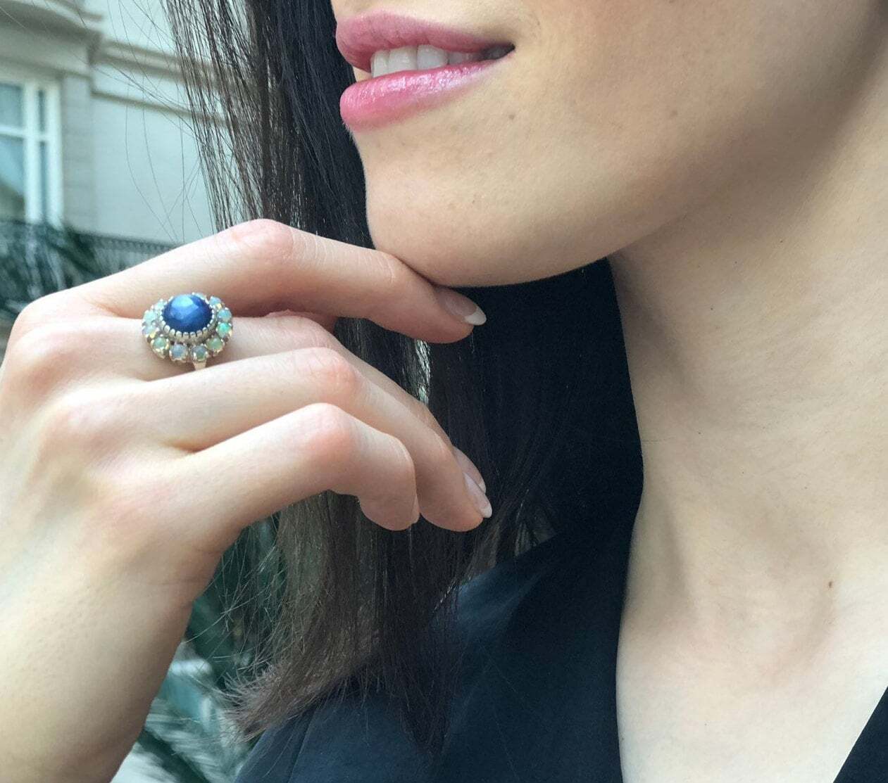 Victorian Ring, Natural Kyanite Ring, Flower Ring, Blue Ring, Opal Ring, Birthstone Ring, Blue Vintage Ring, Round Ring, Solid Silver Ring