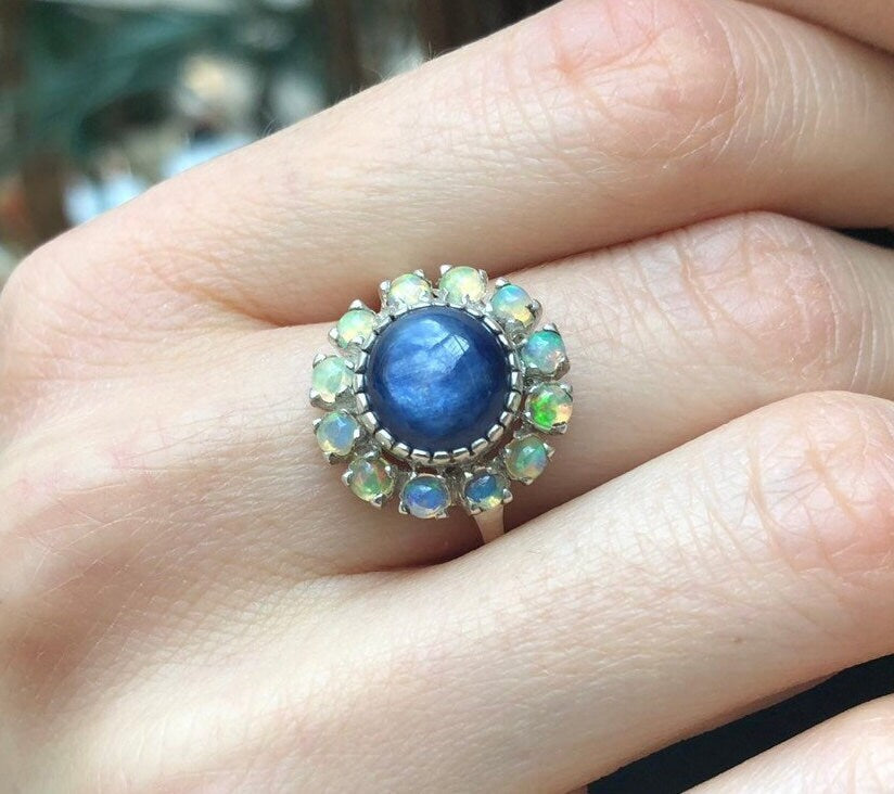 Victorian Ring, Natural Kyanite Ring, Flower Ring, Blue Ring, Opal Ring, Birthstone Ring, Blue Vintage Ring, Round Ring, Solid Silver Ring