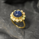 Kyanite Gold Ring - Flower Ring, Natural Kyanite Ring, Flower Vintage Ring