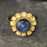 Kyanite Gold Ring - Flower Ring, Natural Kyanite Ring, Flower Vintage Ring