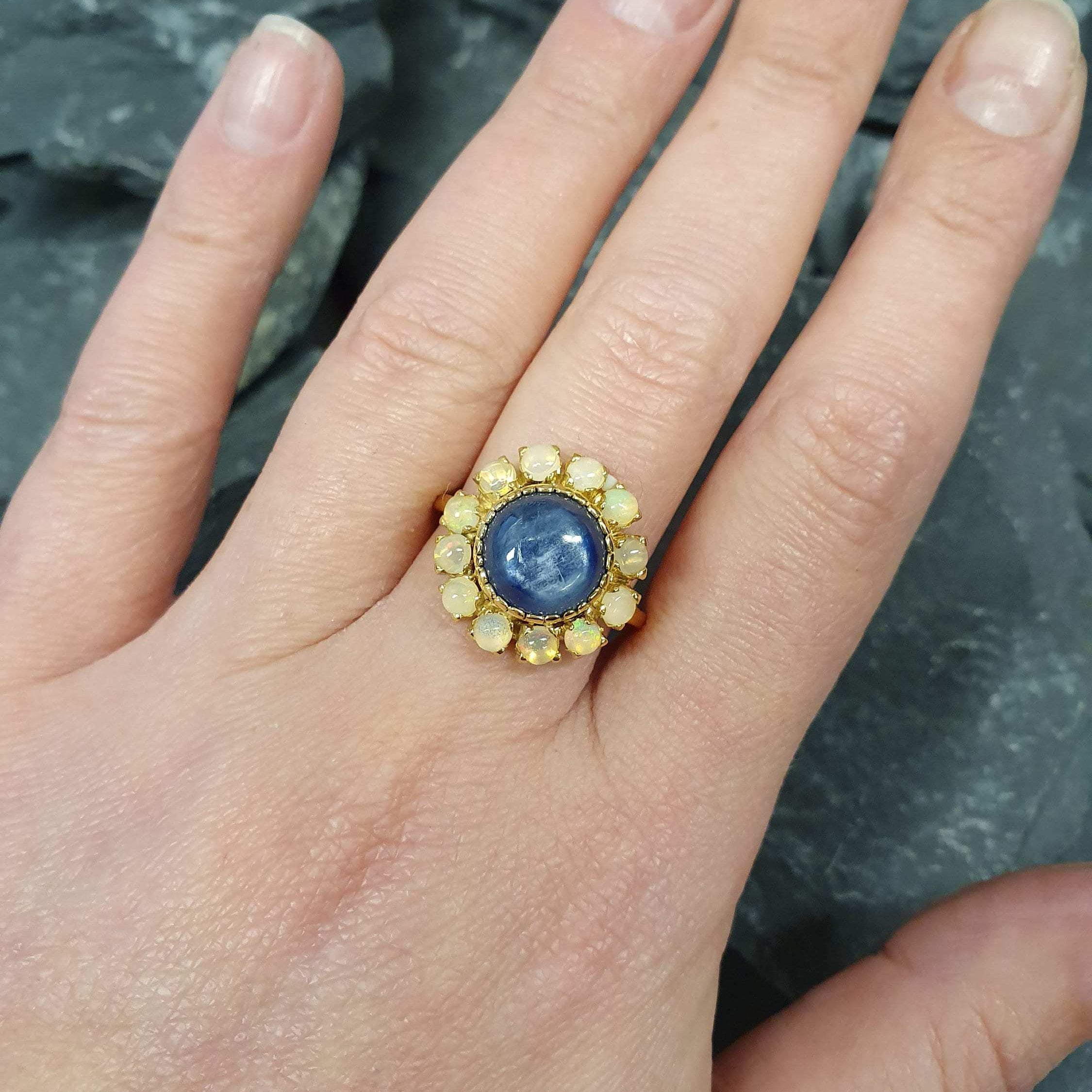 Victorian Ring, Natural Kyanite Ring, Flower Ring, Blue Ring, Opal Ring, Birthstone Ring, Blue Vintage Ring, Round Ring, Solid Silver Ring(1)