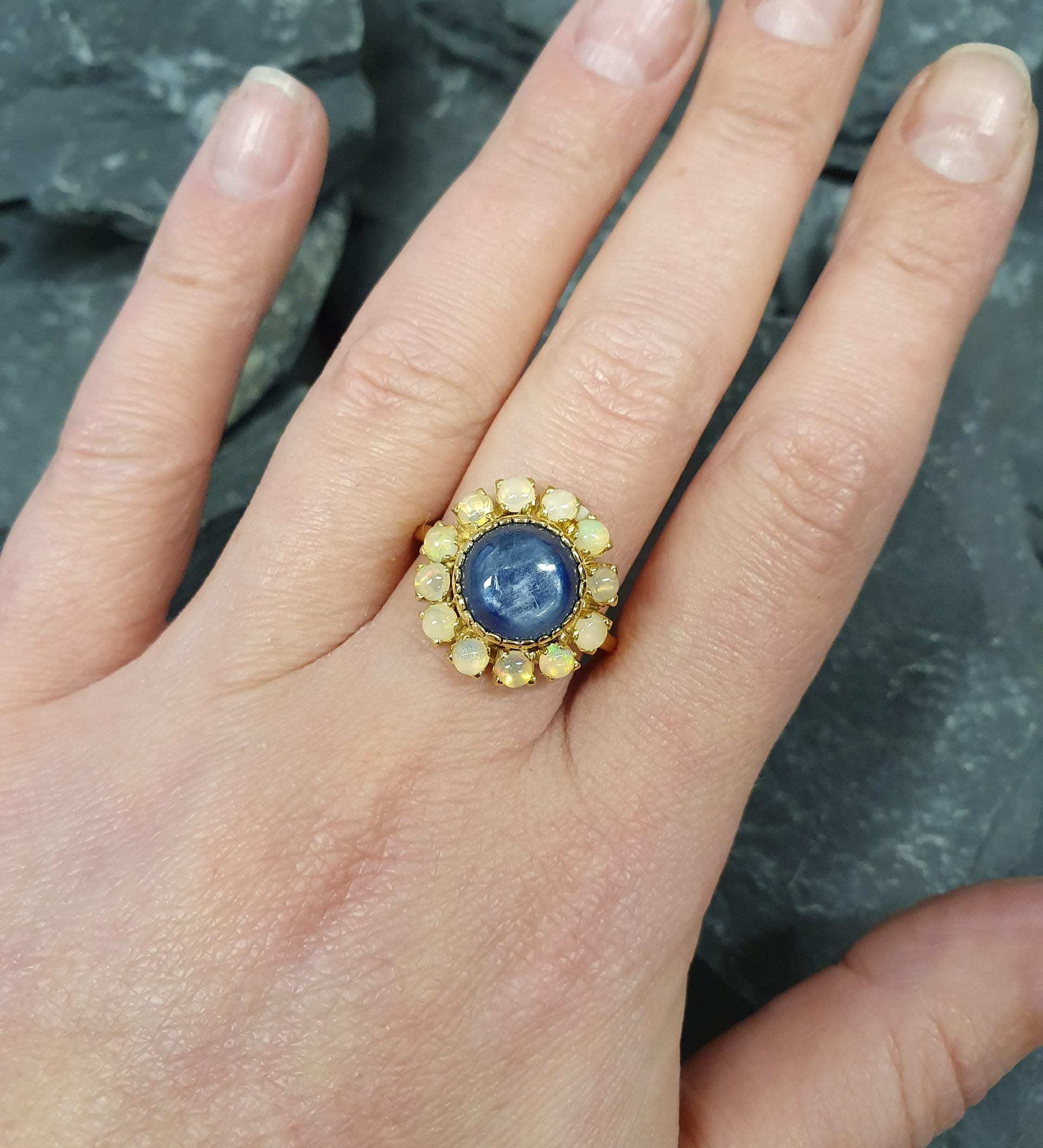 Victorian Ring, Natural Kyanite Ring, Flower Ring, Blue Ring, Opal Ring, Birthstone Ring, Blue Vintage Ring, Round Ring, Solid Silver Ring(1)