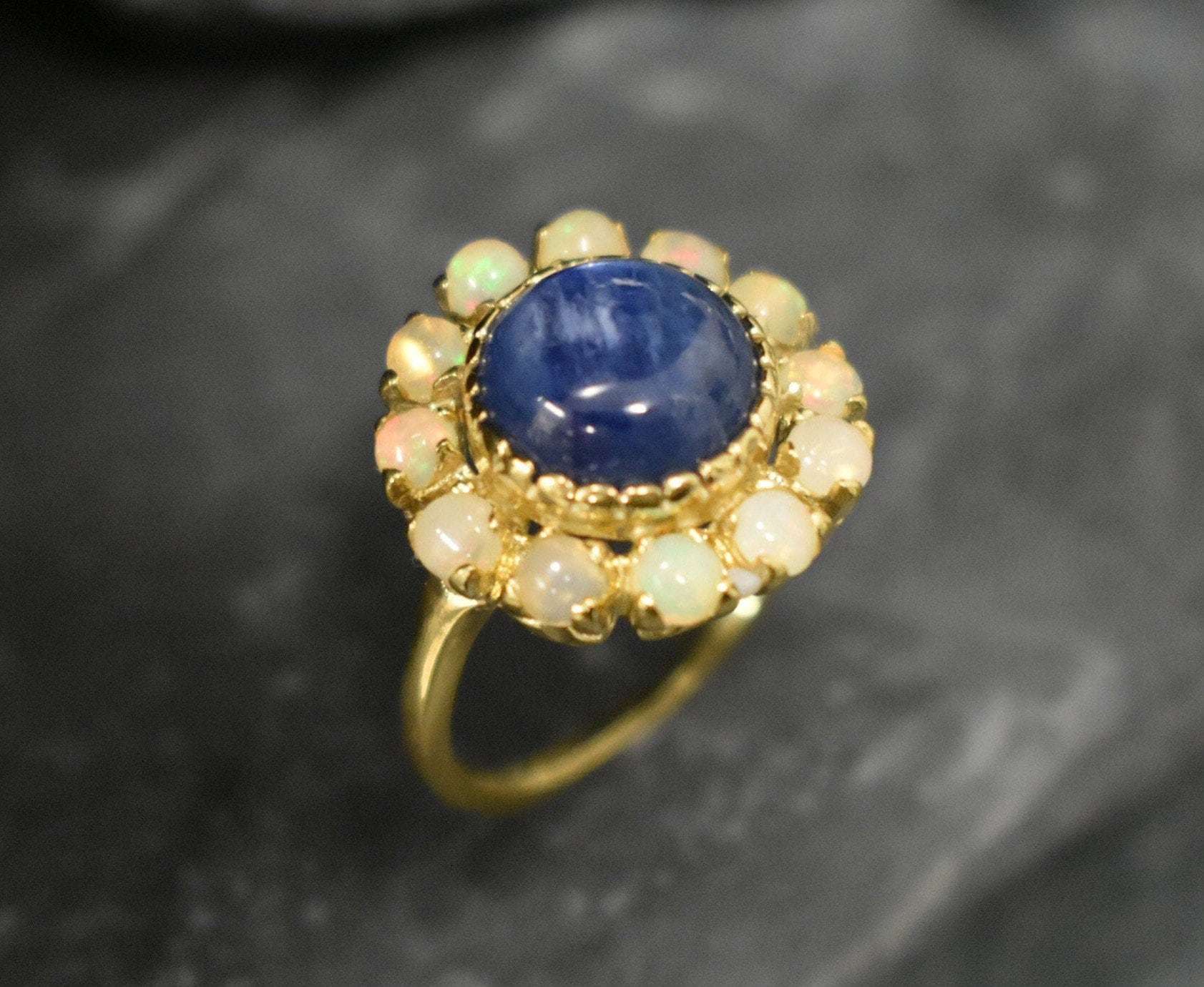Victorian Ring, Natural Kyanite Ring, Flower Ring, Blue Ring, Opal Ring, Birthstone Ring, Blue Vintage Ring, Round Ring, Solid Silver Ring(1)