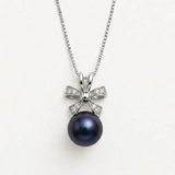 Ribbon Pendant - Black Pearl Necklace - Vintage Bow Necklace