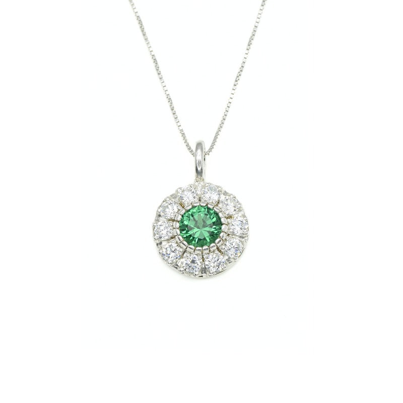 Created Emerald Pendant made in 925 Sterling Silver with Round Created Green Emerald in Halo setting, May Birthstone gift idea, symbolizes, ideal for everyday wear and perfect for birthday gifting and special occasions.