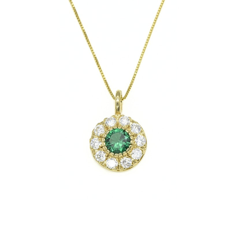 Created Emerald Pendant made in 18k Gold Vermeil with Round Created Green Emerald in Halo setting, May Birthstone gift idea, symbolizes, ideal for everyday wear and perfect for birthday gifting and special occasions.