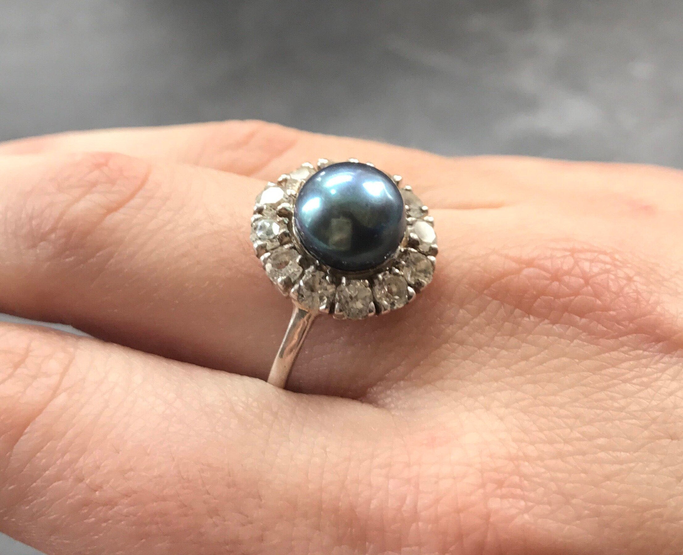 Black Pearl Ring, Natural Pearl Ring, White Topaz Ring, Natural Topaz, June Birthstone, Pearl Ring, Vintage Rings, Silver Pearl Ring, Pearl