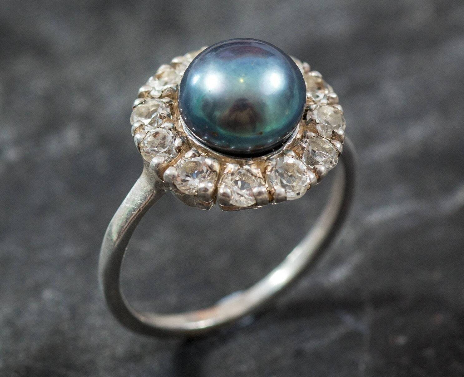 Black Pearl Ring, Natural Pearl Ring, White Topaz Ring, Natural Topaz, June Birthstone, Pearl Ring, Vintage Rings, Silver Pearl Ring, Pearl