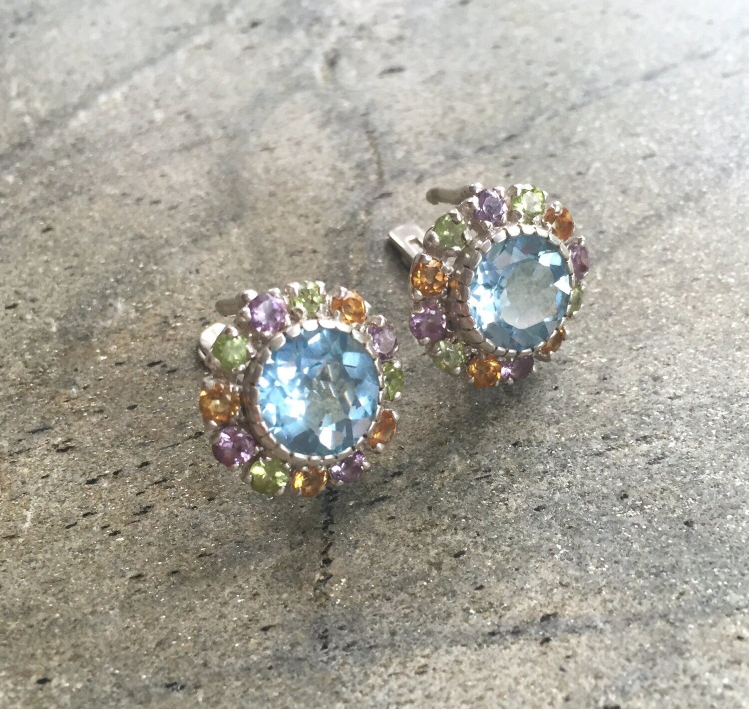 Blue Topaz Earrings, Natural Stones, Natural Topaz, Gem Earrings, Birthstone Earrings, Vintage Earrings, Citrine, Peridot, Pure Silver