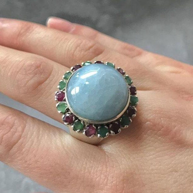 Aquamarine Ring, Natural Aquamarine, Statement Ring, Chrome Diopside, Large Aquamarine, March Birthstone, Aqua Blue Ring, Solid Silver Ring