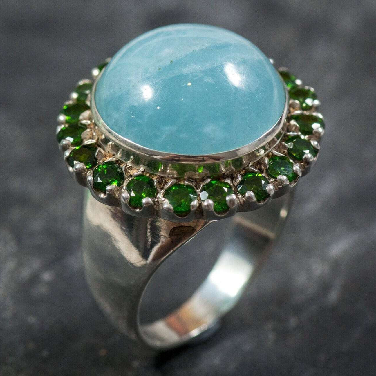 Aquamarine Ring, Natural Aquamarine, Statement Ring, Chrome Diopside, Large Aquamarine, March Birthstone, Aqua Blue Ring, Solid Silver Ring