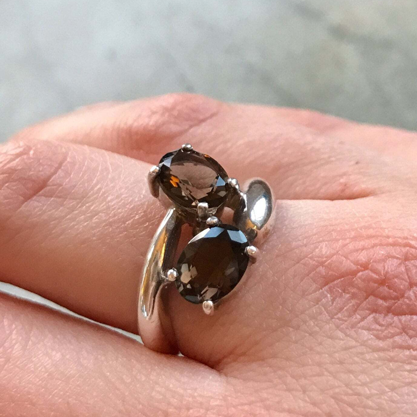 Smoky Topaz Ring, Natural Smoky Topaz, December Birthstone, Two Stone Ring, Brown Vintage Ring, Brown Diamond Ring, Solid Silver Ring, Topaz