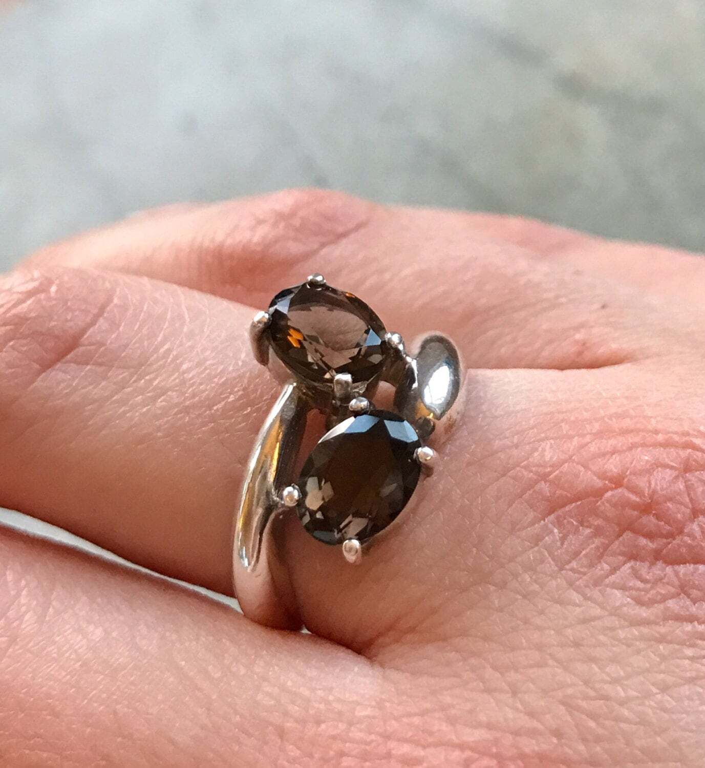 Smoky Topaz Ring, Natural Smoky Topaz, December Birthstone, Two Stone Ring, Brown Vintage Ring, Brown Diamond Ring, Solid Silver Ring, Topaz