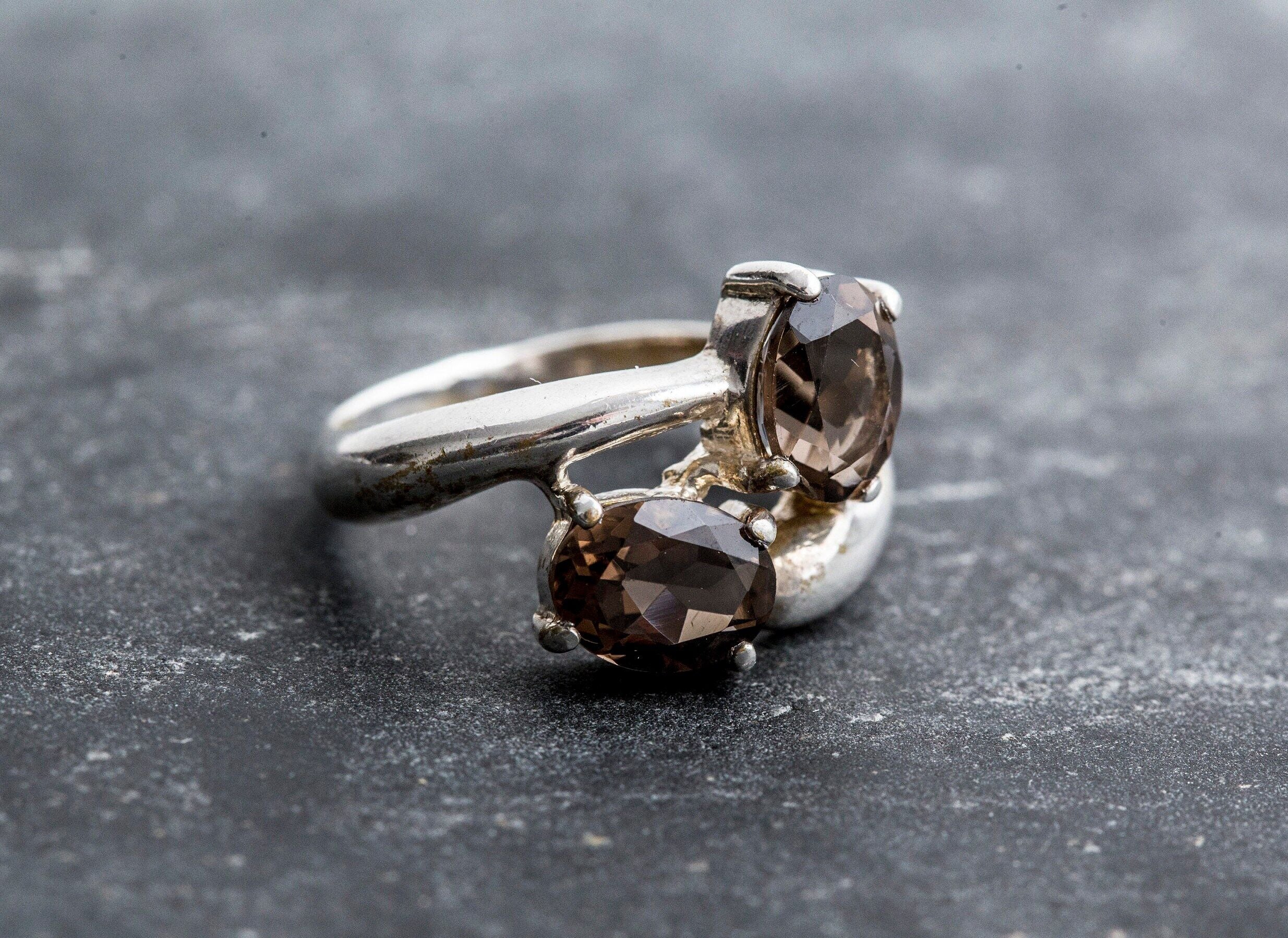 Smoky Topaz Ring, Natural Smoky Topaz, December Birthstone, Two Stone Ring, Brown Vintage Ring, Brown Diamond Ring, Solid Silver Ring, Topaz