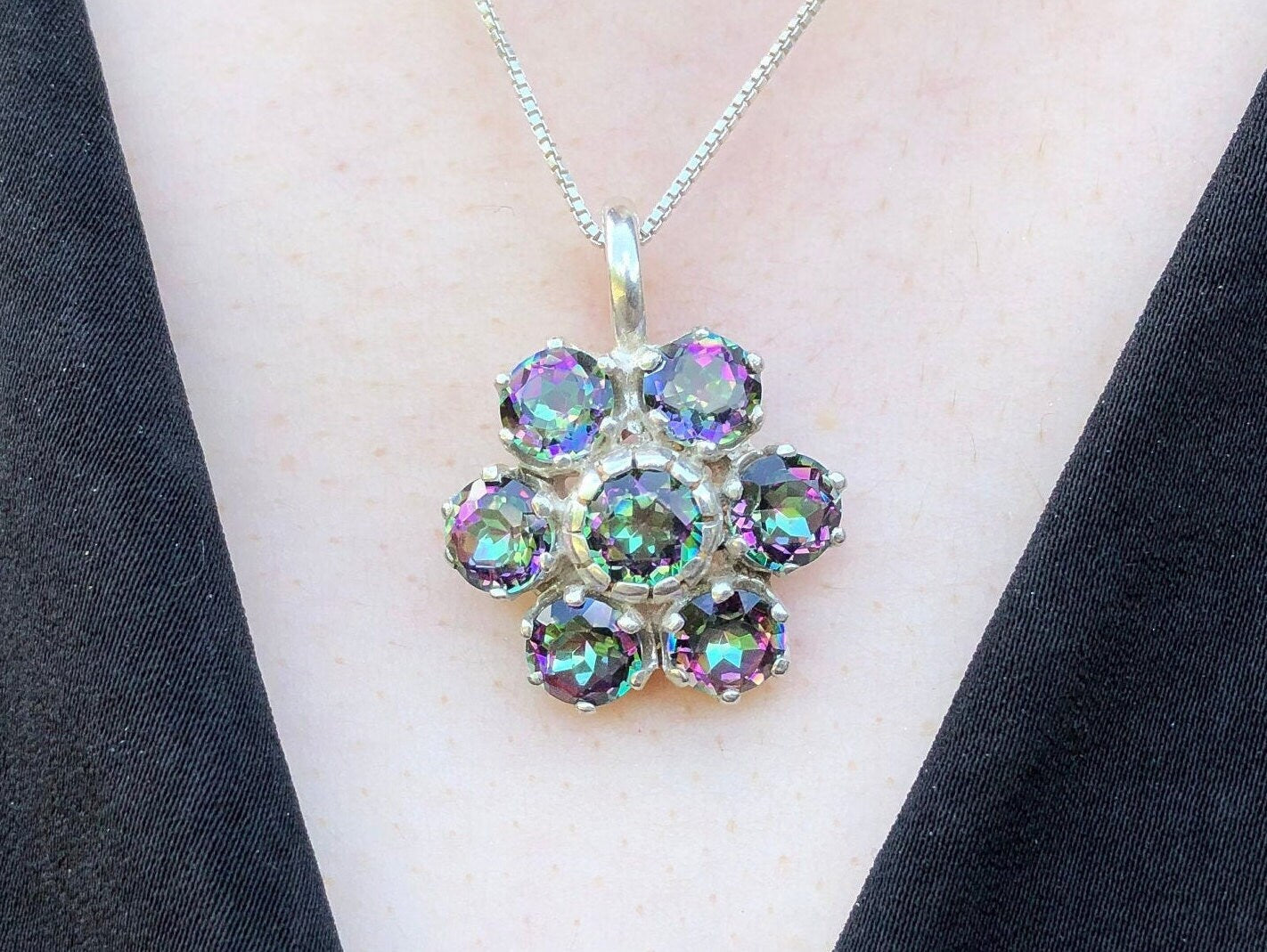 Mystic Topaz Necklace, Flower Pendant, Natural Topaz, Purple Pendant, December Birthstone, Daisy Necklace, Sparkly Pendant, Solid Silver