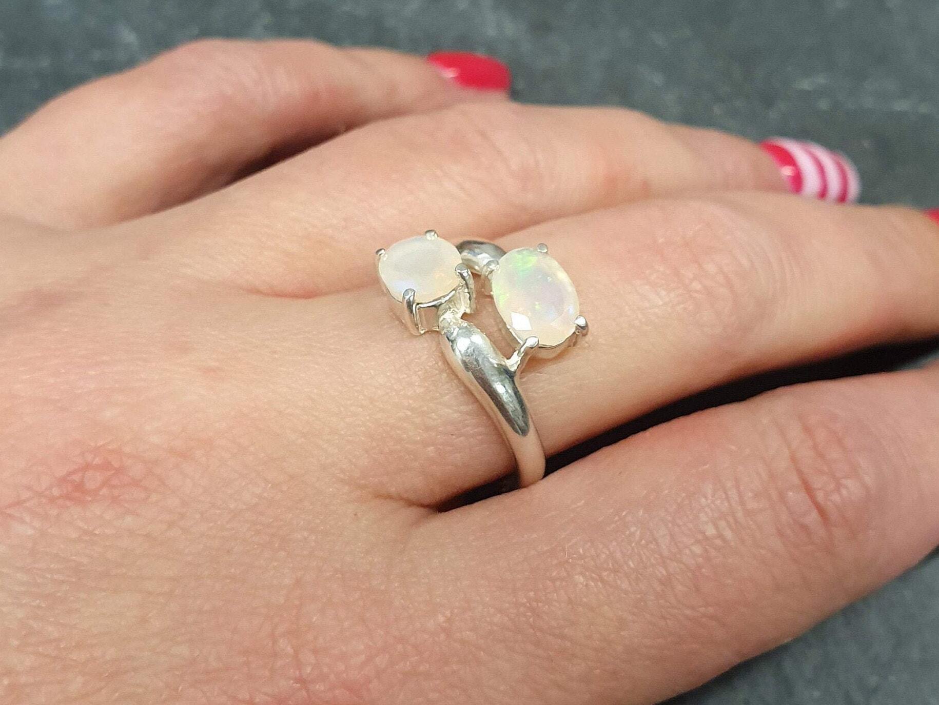 Fire Opal Ring, Natural Opal, Bypass Ring, Two Stone Ring, Asymmetric Ring, October Birthstone, Flashy Ring, Boho Ring, Sterling Silver Ring