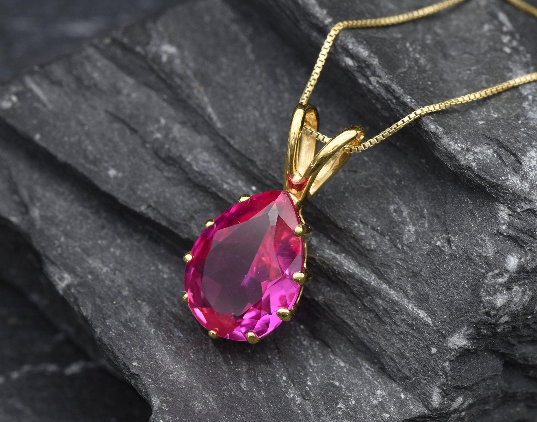 Gold Alexandrite Necklace- Teardrop Pendant, Statement Alexandrite  Necklace, Pink Gemstone Pendant