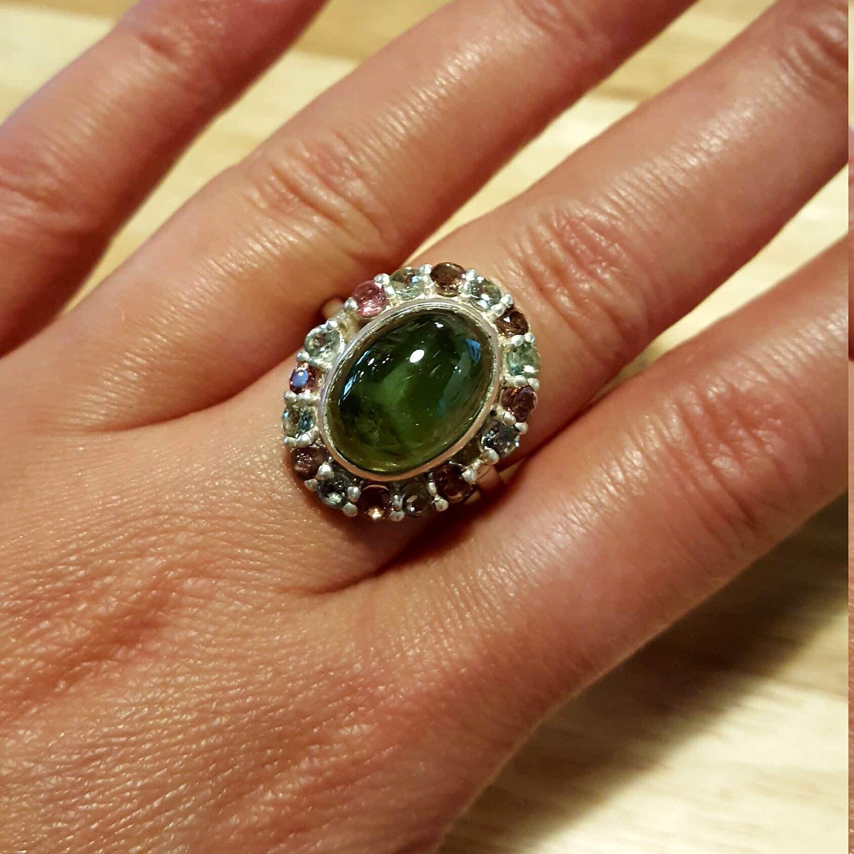 Victorian Green Ring, Tourmaline Ring, Pink Tourmaline, Green Tourmaline, Vintage Ring, October Birthstone, Solid Silver Ring, Tourmaline