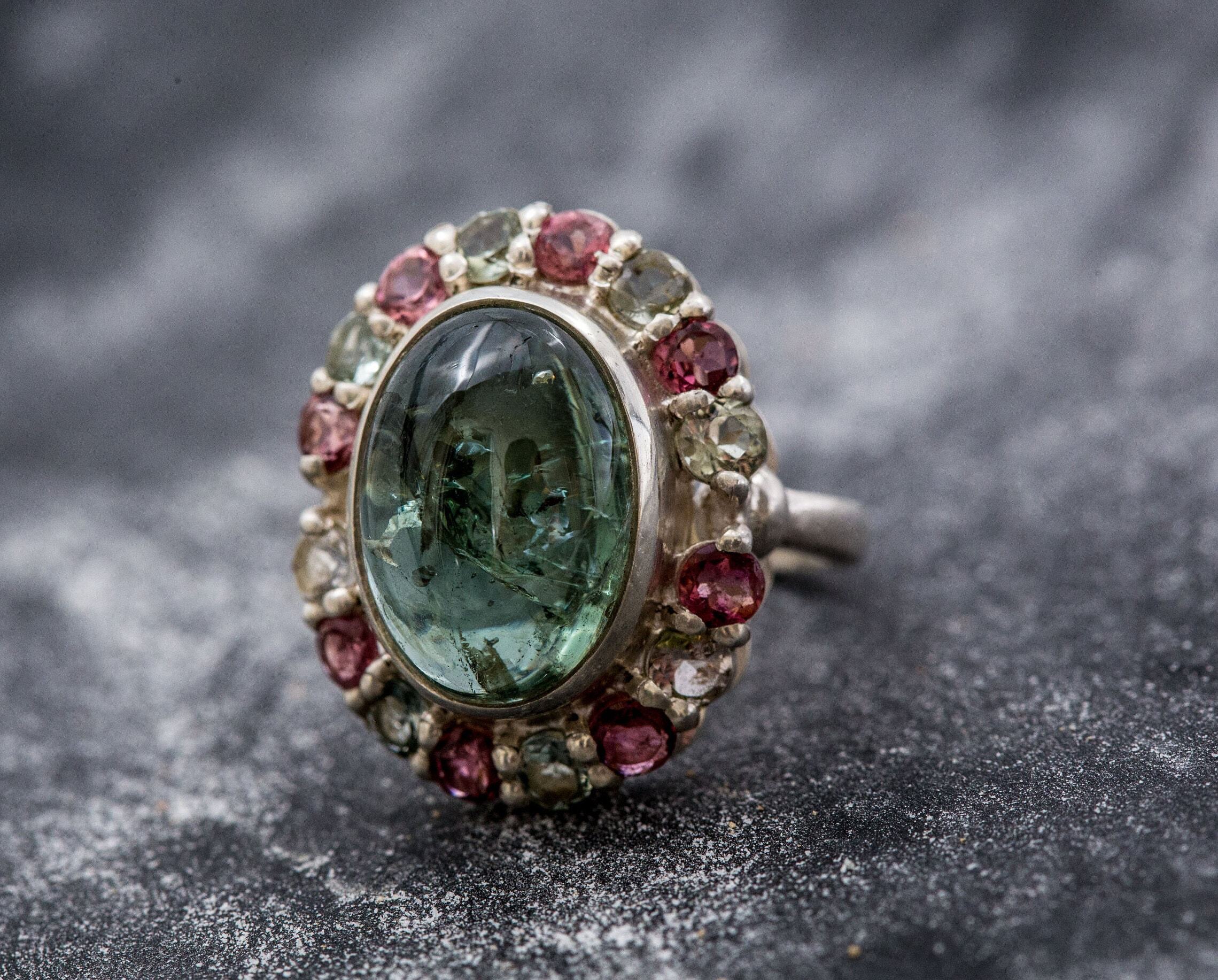 Victorian Green Ring, Tourmaline Ring, Pink Tourmaline, Green Tourmaline, Vintage Ring, October Birthstone, Solid Silver Ring, Tourmaline