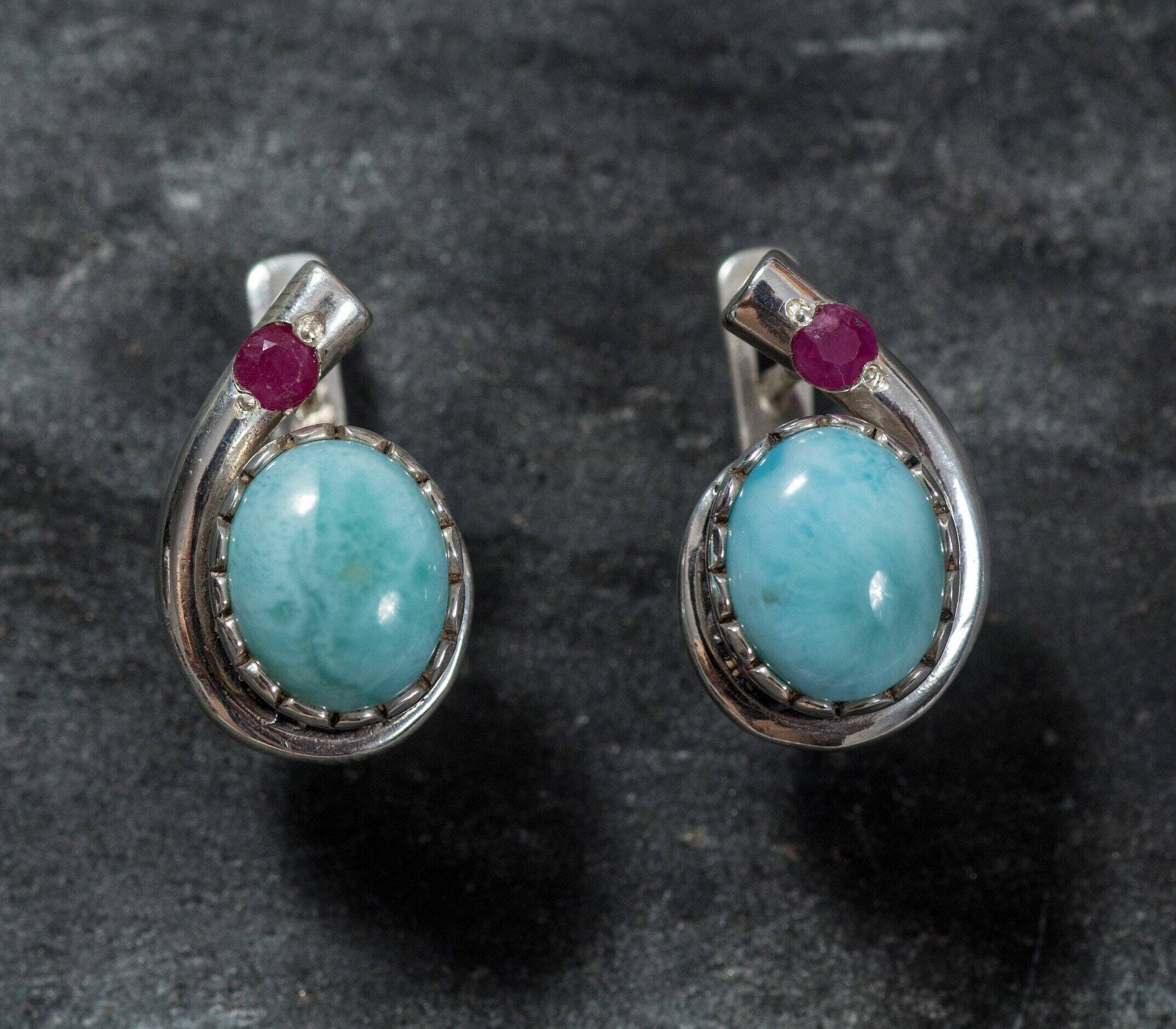 Larimar Earrings, Natural Larimar, Blue Larimar, Real Ruby, March Birthstone, Unique Earrings, Jewel Of Atlantis, Silver Earrings, Larimar