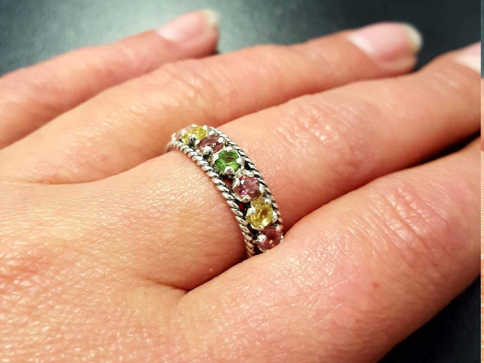 Tourmaline Band, Natural Tourmaline, October Ring, Half Eternity Band, Multistone Ring, October Birthstone, Solid Silver Band, Tourmaline
