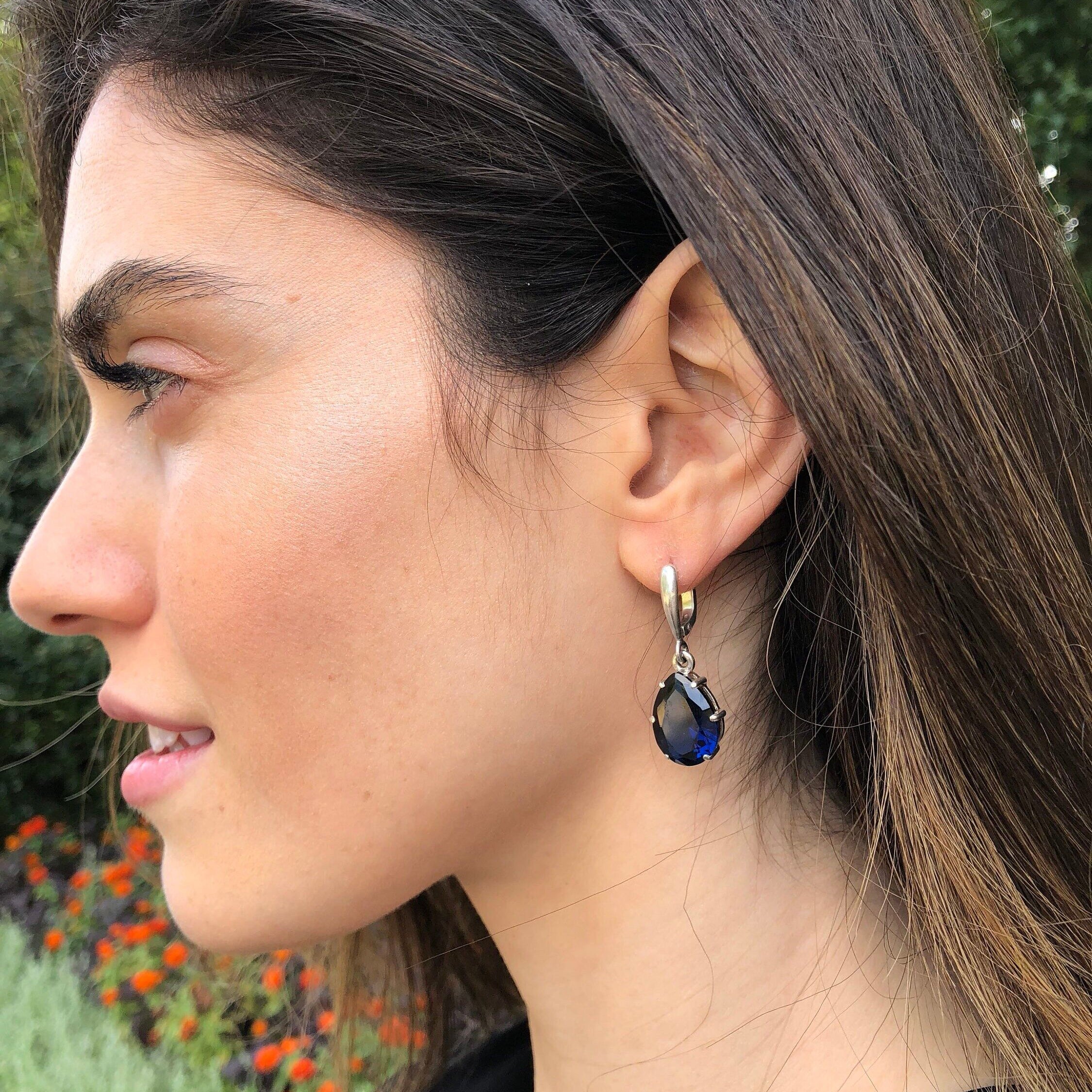 Sapphire earrings in 925 sterling silver, featuring prong-set blue sapphires, perfect for daily wear and special occasions.
