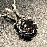 Flower Garnet Pendant - Dainty Red Garnet Necklace - Silver Flower Pendant