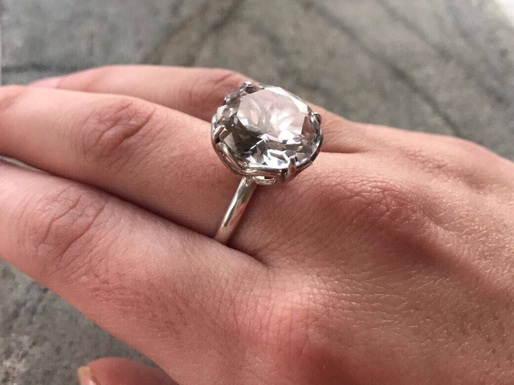 Large Diamond Ring, White Topaz Ring, Natural Topaz, Promise Ring, Statement Ring, Engagement Ring, December Birthstone, Solid Silver Ring