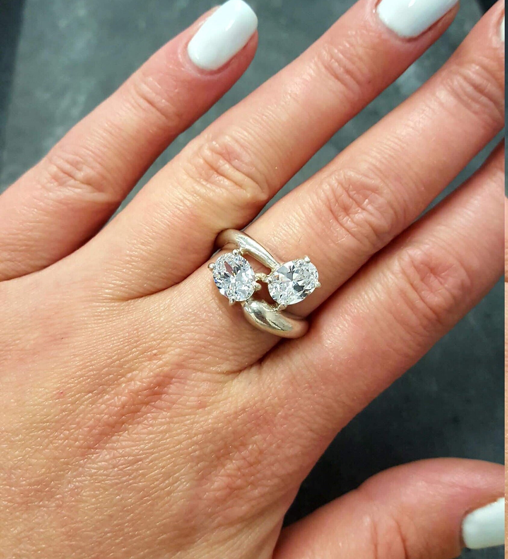 Diamond Ring, Created Diamond, Two Stone Ring, White Vintage Ring, Asymmetric Ring, Clear Diamond Ring, Vintage Rings, Solid Silver Ring