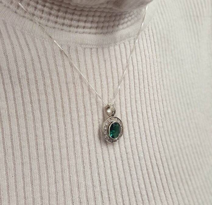 Stylish 925 Sterling Silver Emerald Pendant with Oval Created Green Emerald, perfect May birthstone gift for special occasions.