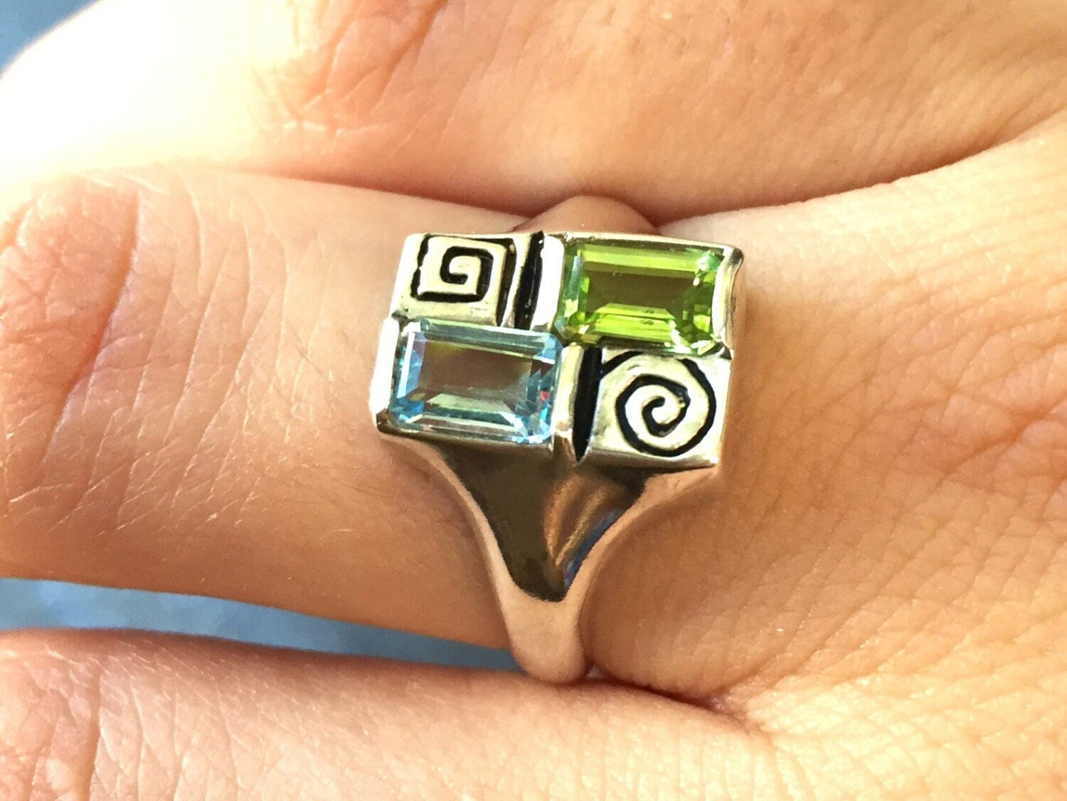Square Ring, Topaz Ring, Birthstone Ring, Infinity Ring, December Birthstone, August Birthstone, Blue Topaz, Natural Peridot, 2 Carats