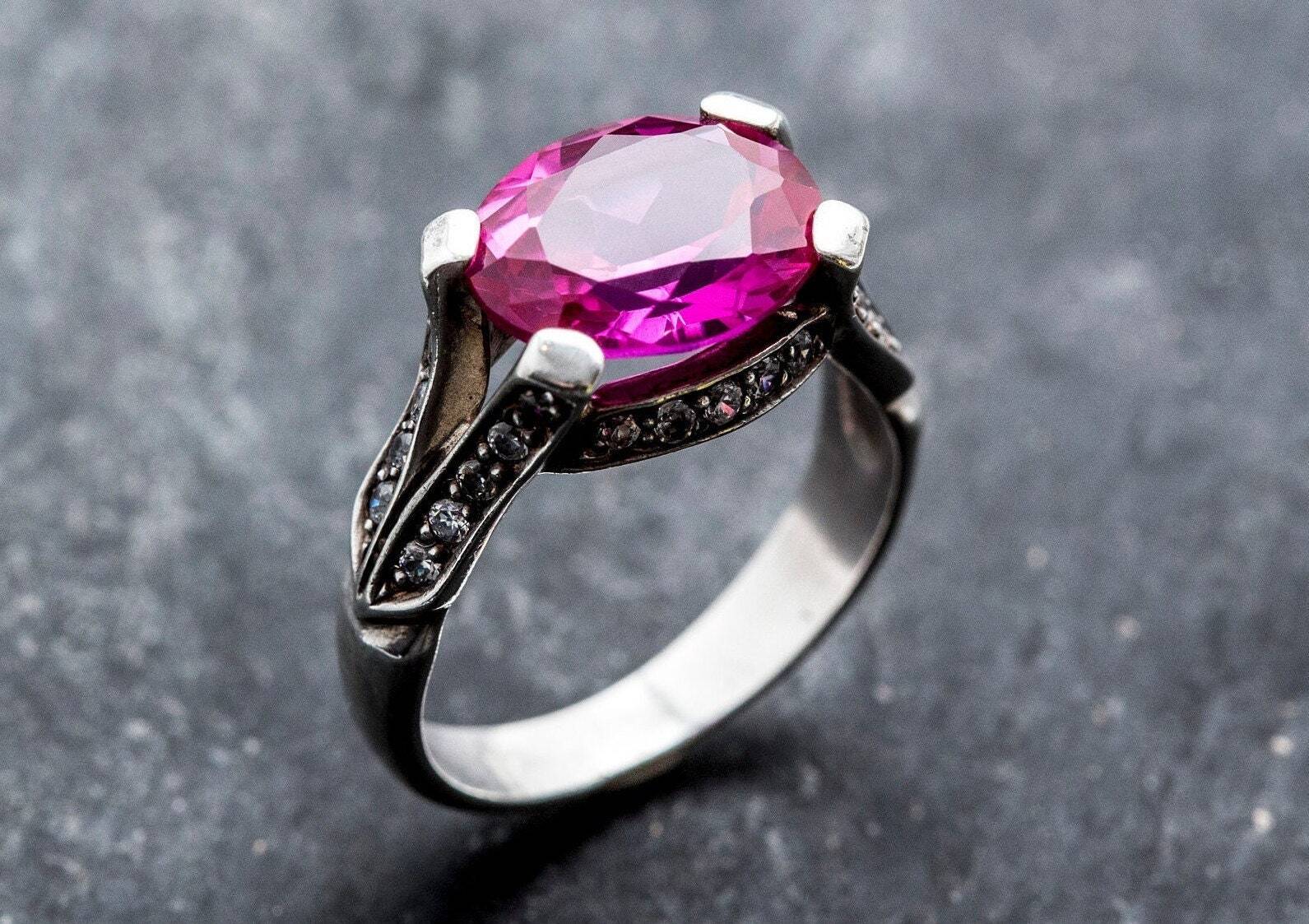 Alexandrite Statement Ring - Pink Gemstone Ring - Edwardian Silver Ring