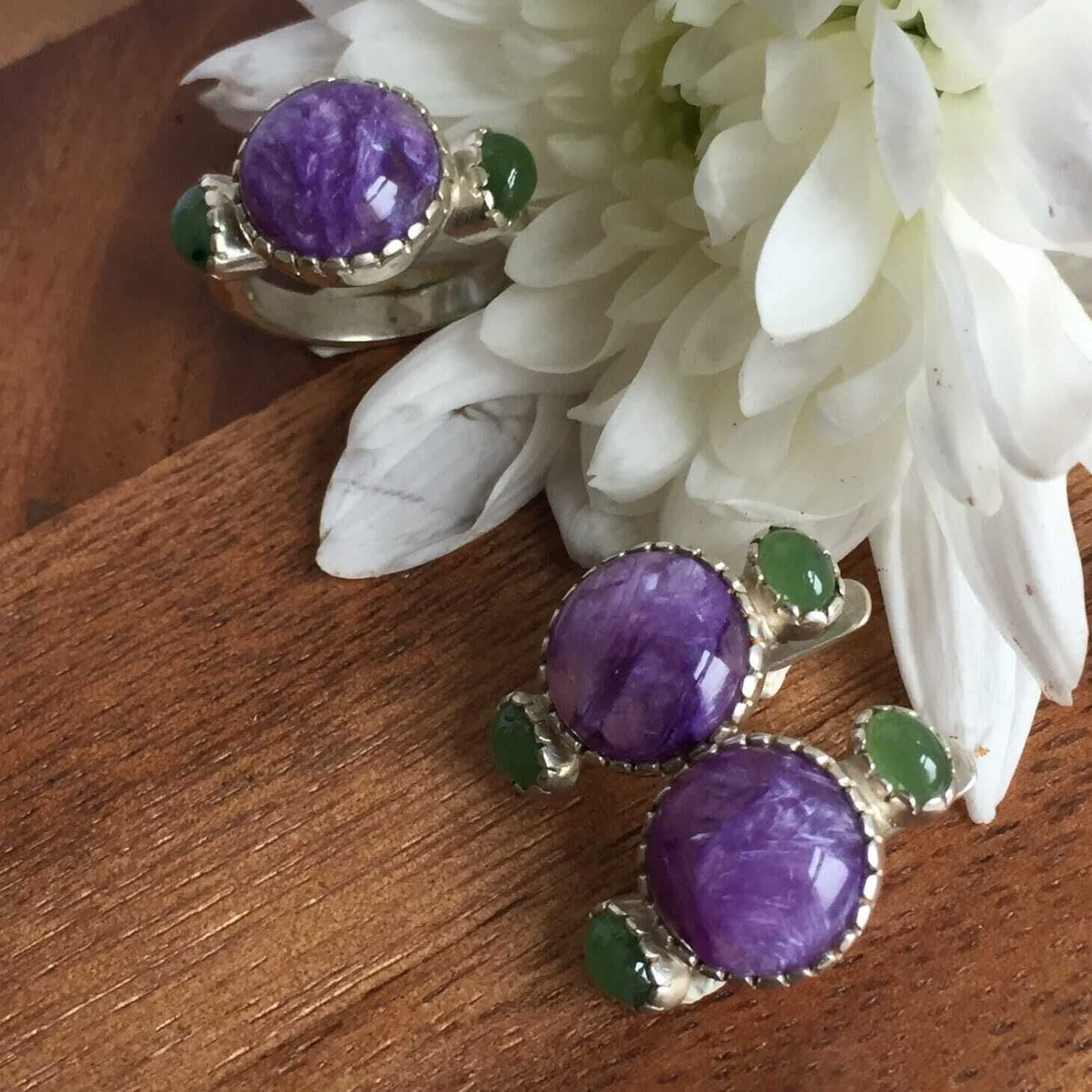 Charoite Ring, Natural Charoite, Multistone Ring, Nephrite Ring, Jade Ring, Statement Ring, Gemini Ring, Solid Silver Ring, Charoite, Jade