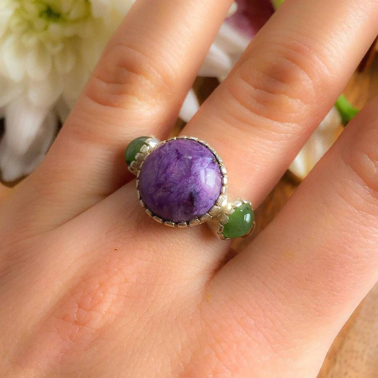 Charoite Ring, Natural Charoite, Multistone Ring, Nephrite Ring, Jade Ring, Statement Ring, Gemini Ring, Solid Silver Ring, Charoite, Jade