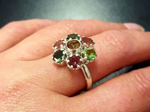 Blue Tourmaline Ring, Tourmaline Ring, Natural Tourmaline, Flower Ring, October Ring, Multicolor Ring, Flower Vintage Ring, 925 Silver Ring