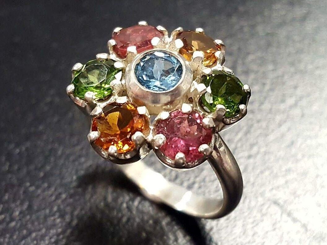 Blue Tourmaline Ring, Tourmaline Ring, Natural Tourmaline, Flower Ring, October Ring, Multicolor Ring, Flower Vintage Ring, 925 Silver Ring