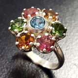 Genuine Tourmaline Ring - Colorful Flower Ring - October Birthstone Ring