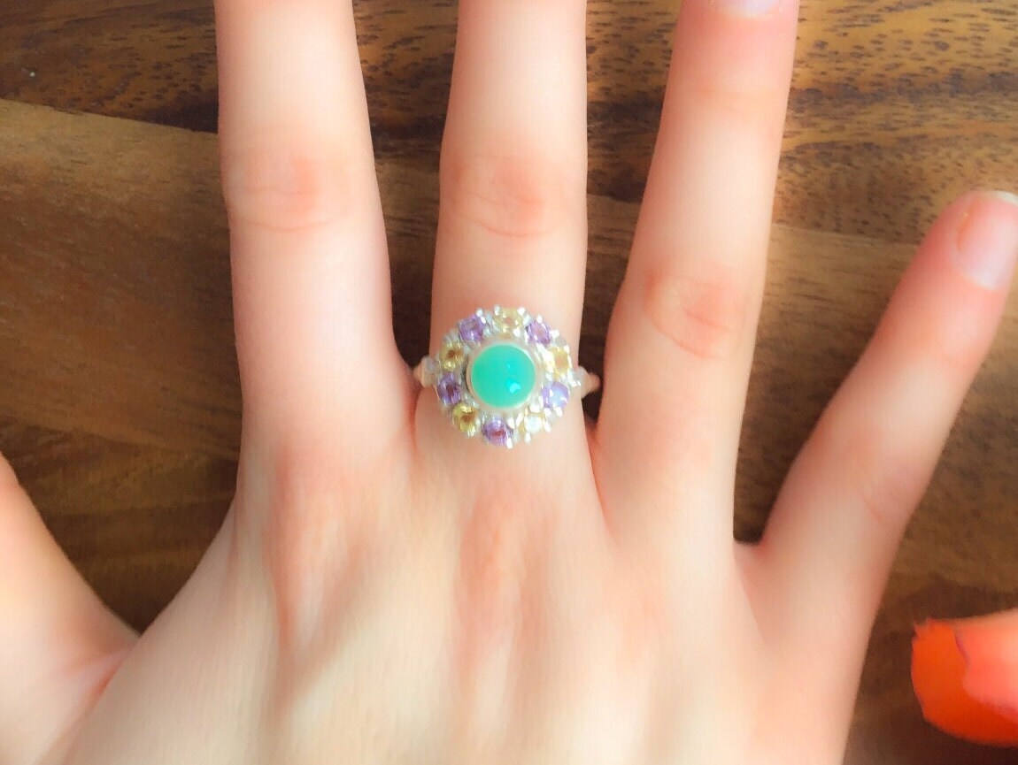 Chrysoprase Ring, Natural Chrysoprase, Flower Ring, Multistone Ring, Birthstone Ring, Natural Amethyst, Natural Citrine, 925 Sterling Silver