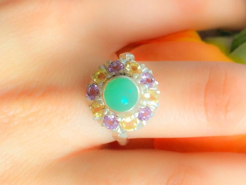 Chrysoprase Ring, Natural Chrysoprase, Flower Ring, Multistone Ring, Birthstone Ring, Natural Amethyst, Natural Citrine, 925 Sterling Silver