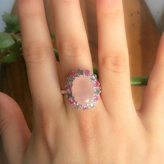 Rose Quartz Ring, Natural Rose Quartz, Princess Kate Ring, Vintage Diamond Ring, January Birthstone, February Ring, Sterling Silver Ring