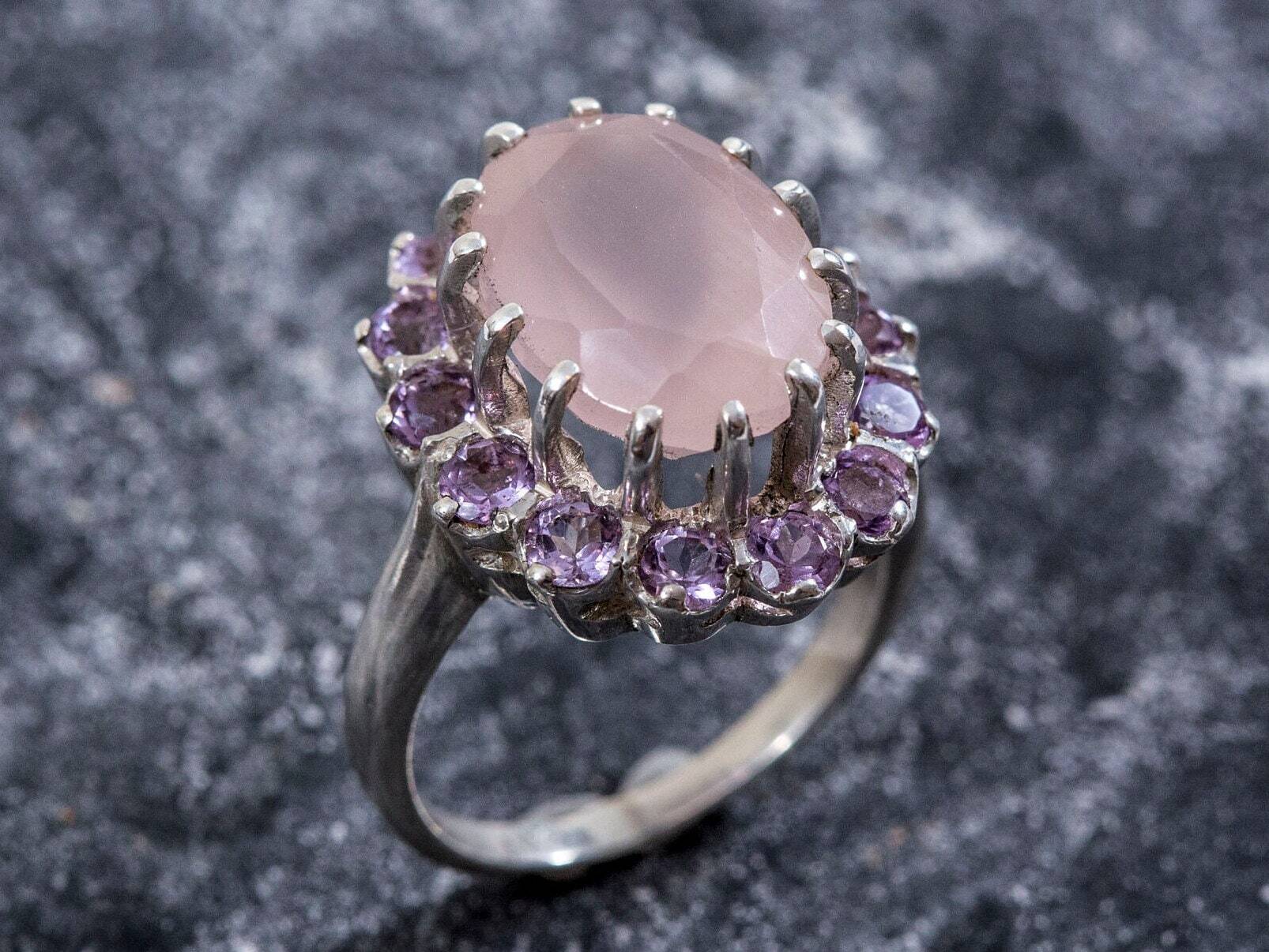 Rose Quartz Ring, Natural Rose Quartz, Princess Kate Ring, Vintage Diamond Ring, January Birthstone, February Ring, Sterling Silver Ring